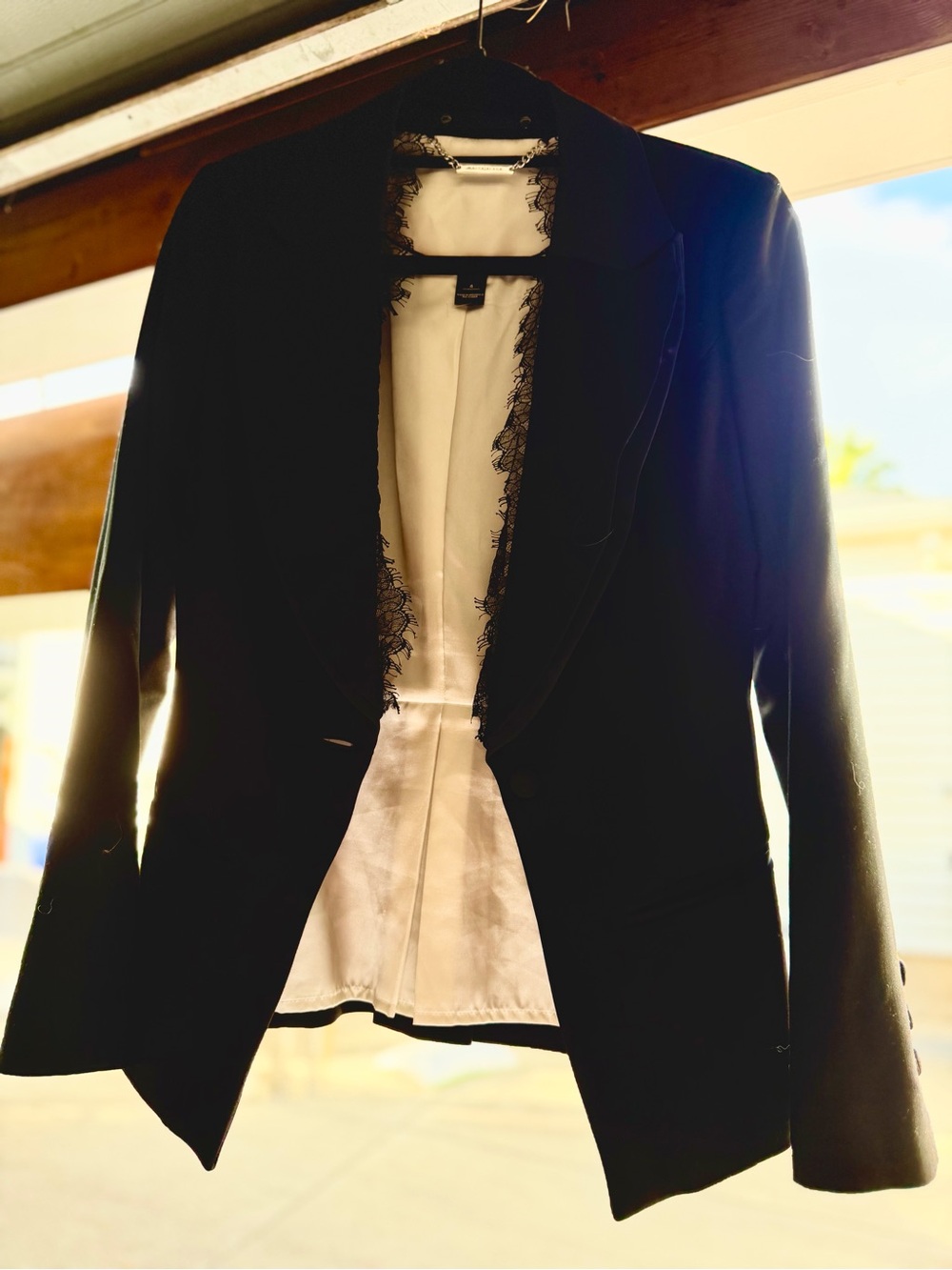 White House Black Market Black Lace-Trim White Lined Tailored Tuxedo Blazer
